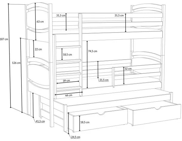 Detská poschodová posteľ z masívu borovice EMA s prístelkou a šuplíky - 200x90 cm - BIELA