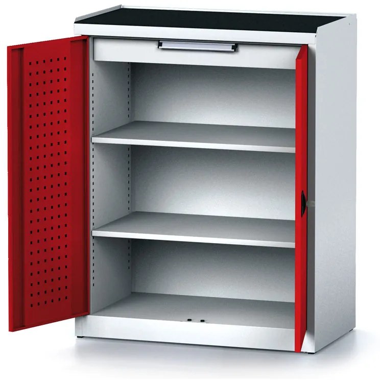 Policová dielenská skriňa 2-dverová MECHANIC, 2 police, 1 zásuvka, 920 x 500 x 1170 mm, červené dvere