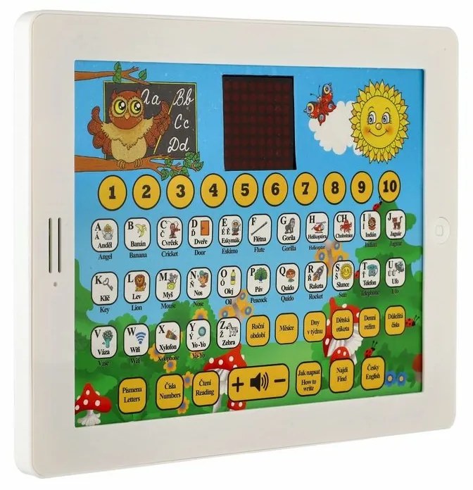 Náučný tablet múdrej sovy dvojjazyčný CZ+AJ, plast, 24x19x2 cm, na batérie so zvukom