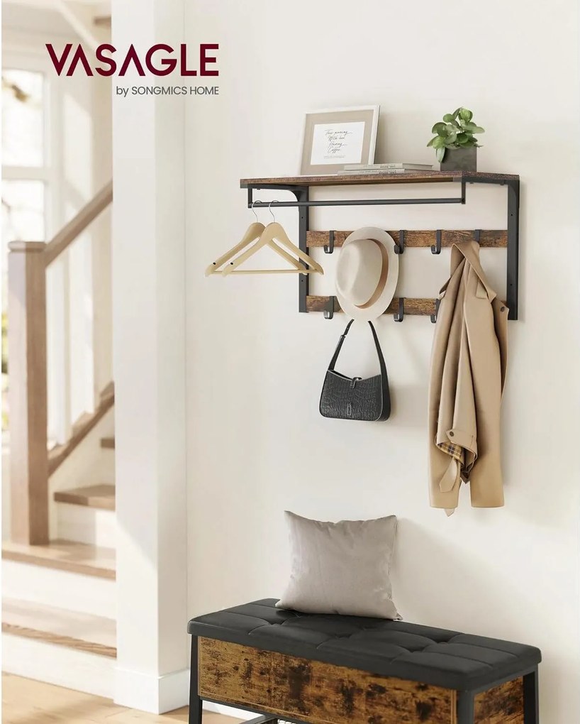 Nástenný vešiak na kabáty s policou a 10 háčikmi, rustikálny hnedý