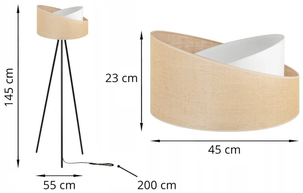 Podlahová lampa JUTA, 1x jutové/biele textilné tienidlo, (výber z 2 farieb konštrukcie), M