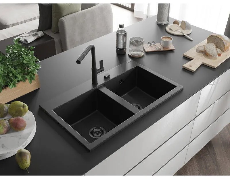 Mexen Hektor, 2-komorový granitový drez 800x480x205 mm, čierna, grafitový sifón, 6521802000-77-B