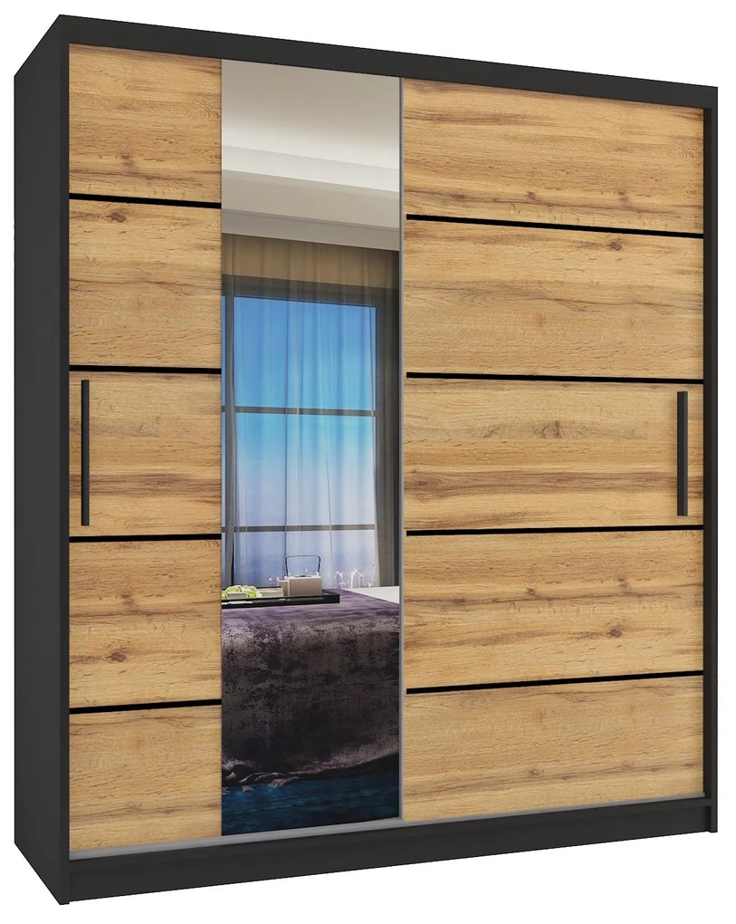 Šatníková skriňa 133 cm Belini čierny mat / dub wotan s posuvnými dverami zrkadlom a zásuvkami  MBP SZP6/1/B/DW/0/KLP