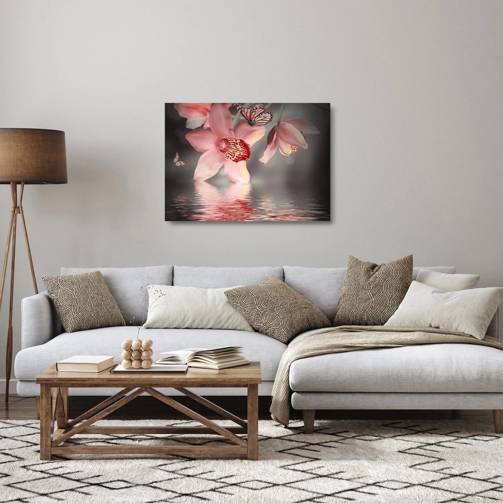 Sklenený obraz - Kvety a motýľ (70x50 cm)