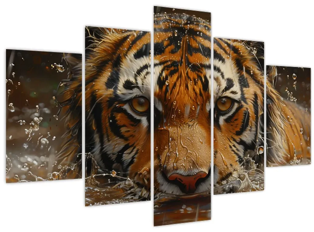 Obraz - Portrét tigra vo vode (150x105 cm)