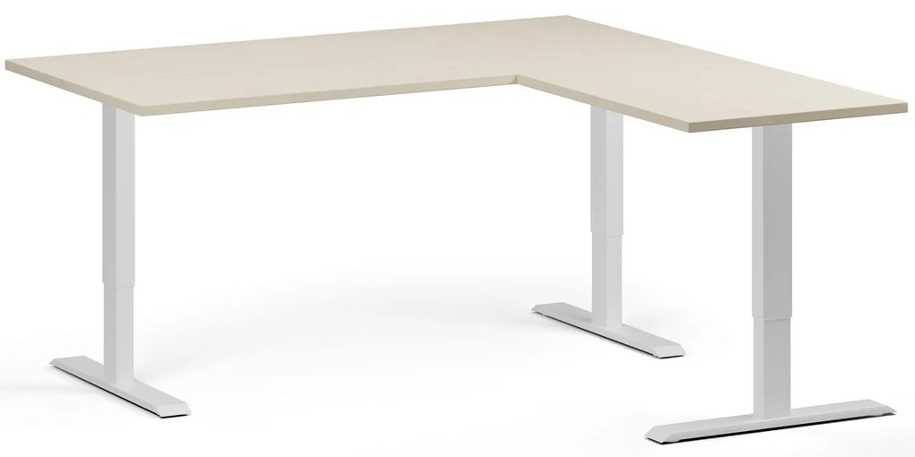 Rohový výškovo nastaviteľný stôl, 160x160 cm, 3 motory, L/P, biela podnož, breza