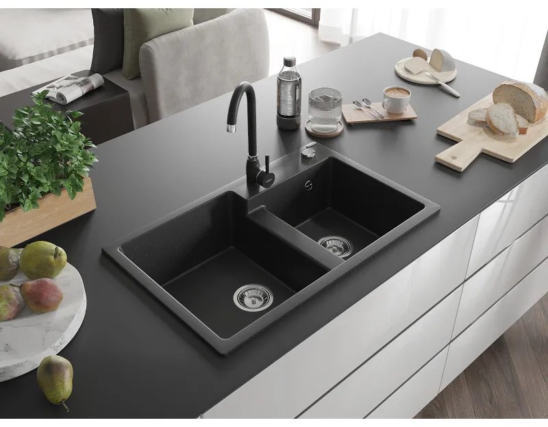 Mexen Tomas, granitový drez 800x500x190 mm, 2-komorový a čierna batéria Telma, čierna-strieborná metalíza, 6516-73-670200-70