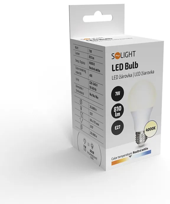 SOLIGHT LED žiarovka, klasický tvar A60 7W, E27, 4000K, 270°, 810lm