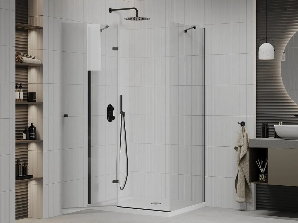 Mexen Roma, sprchovací kút s 1-krídlovými dverami 120 (dvere) x 90 (stena) cm, 6mm číre sklo, čierny profil, slim sprchová vanička 5cm biela s čiernym sifónom, 854-120-090-70-00-4010B