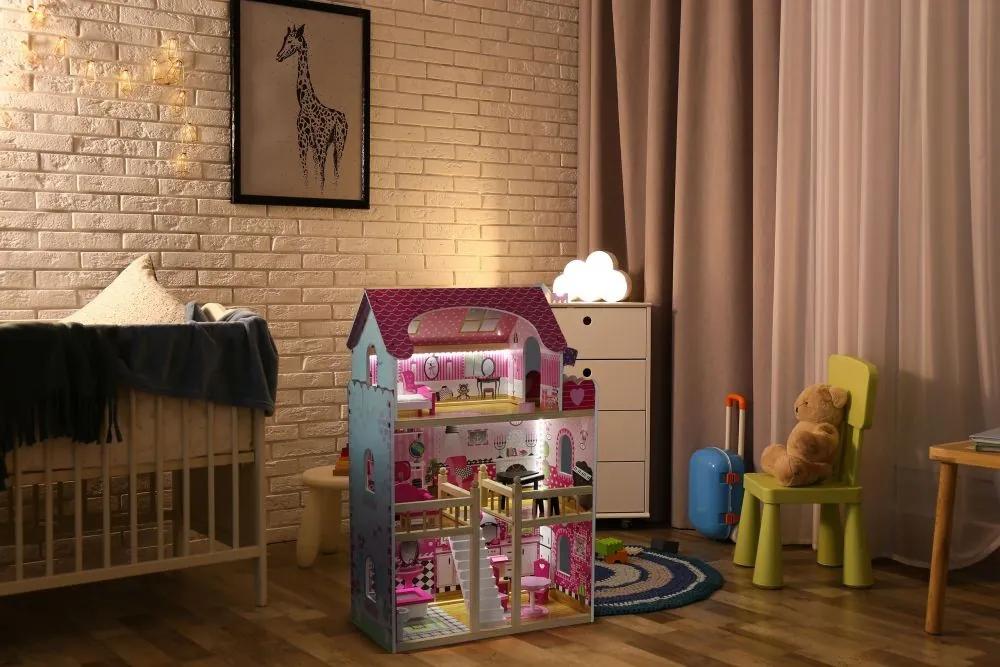 Drevený domček pre bábiky s LED osvetlením a nábytkom