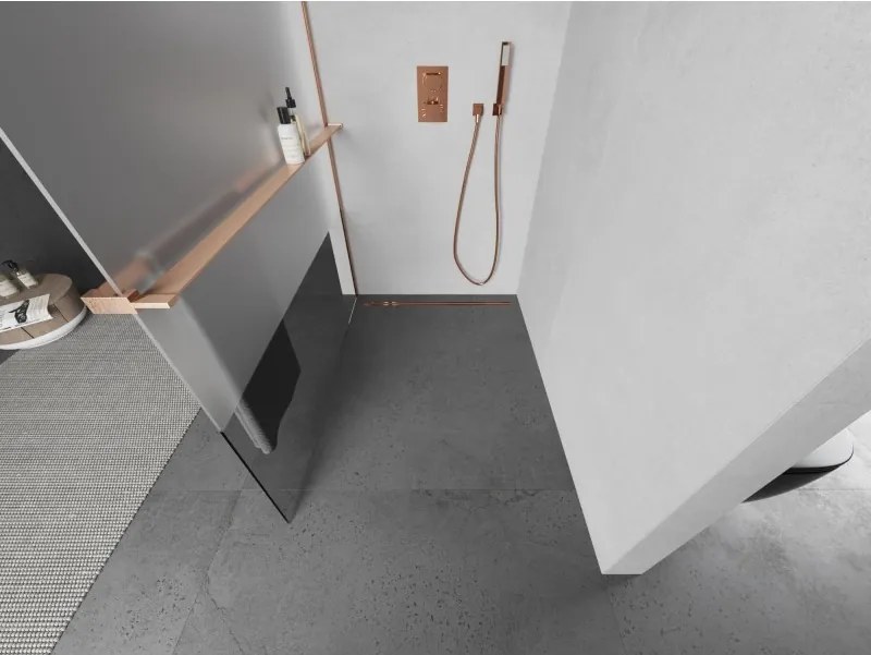 Mexen Kioto+, sprchová zástena Walk-In s poličkou a vešiakom 140 x 200 cm, 8mm číre sklo-námraza, medený matný profil, 800-140-121-65-35