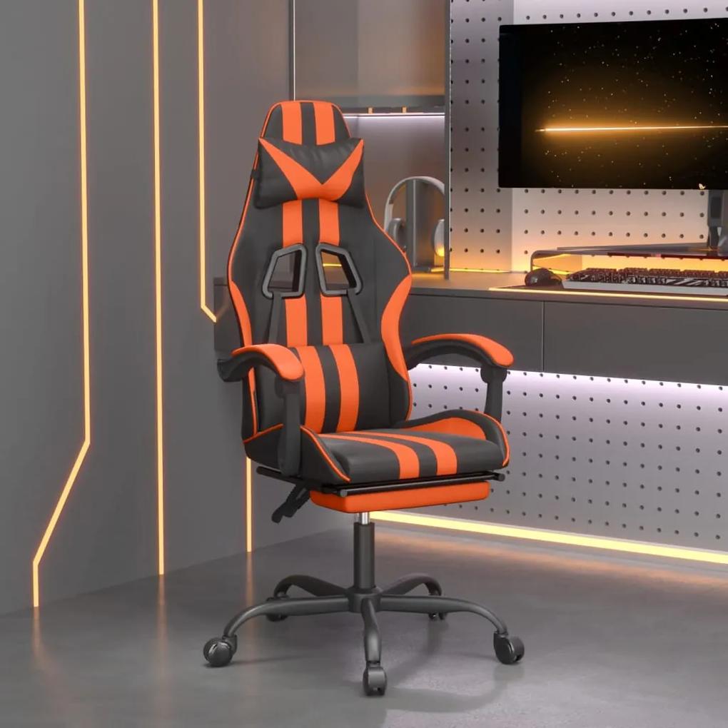 Otočná herná stolička s podnožkou čierna a oranžová umelá koža 349537