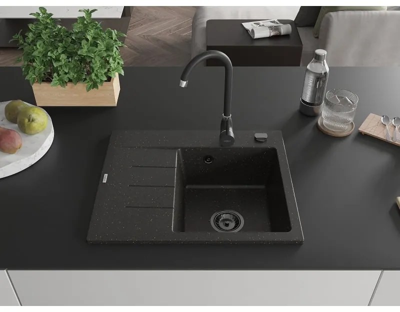 Mexen Ben, 1-komorový granitový drez 600x500x190 mm, pravý + čierny sifón, čierna-zlatá metalíza, 6523605000-75-B