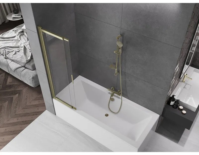 Mexen Fox, 2-krídlová posuvná vaňová zástena 85 × 150 cm, 5mm číre sklo, zlatý matný profil, 891-085-002-55-00