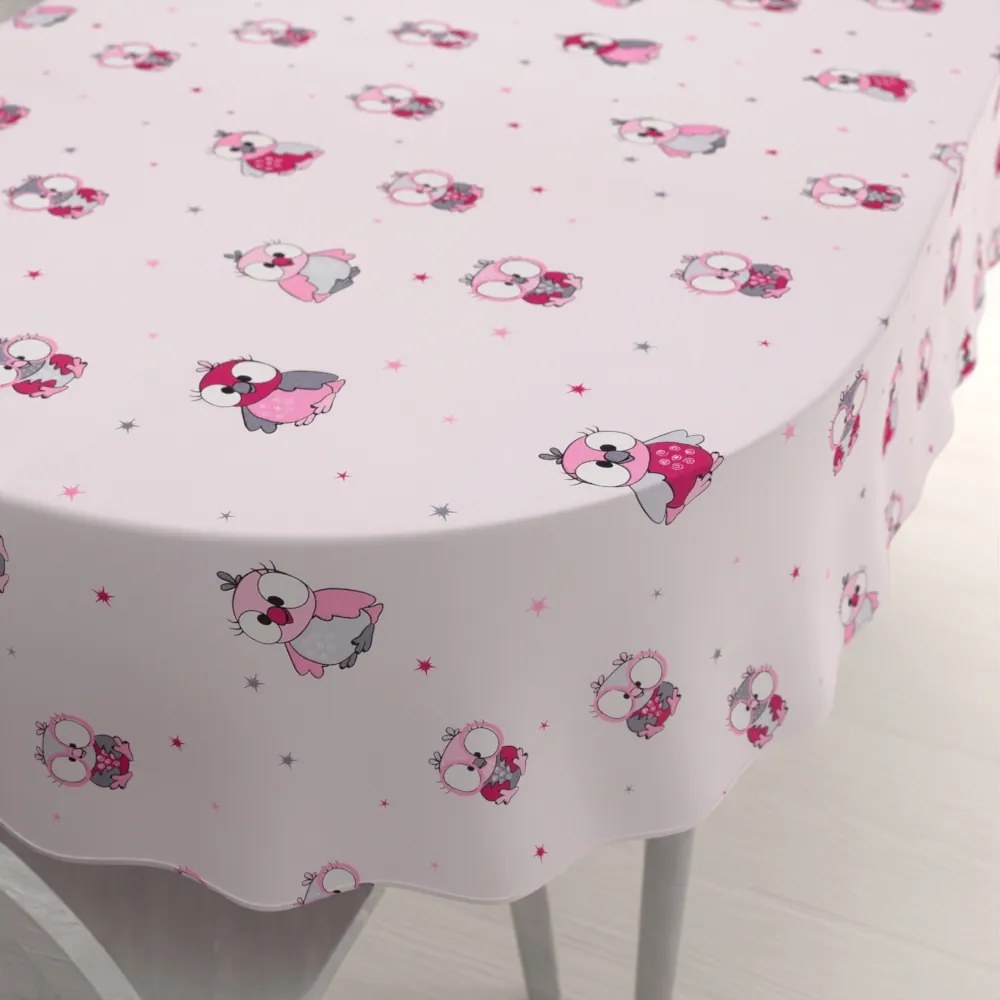 Biante Detský bavlnený oválny obrus Sandra SA-726 Ružové sovičky na bledo ružovom 140x180 cm