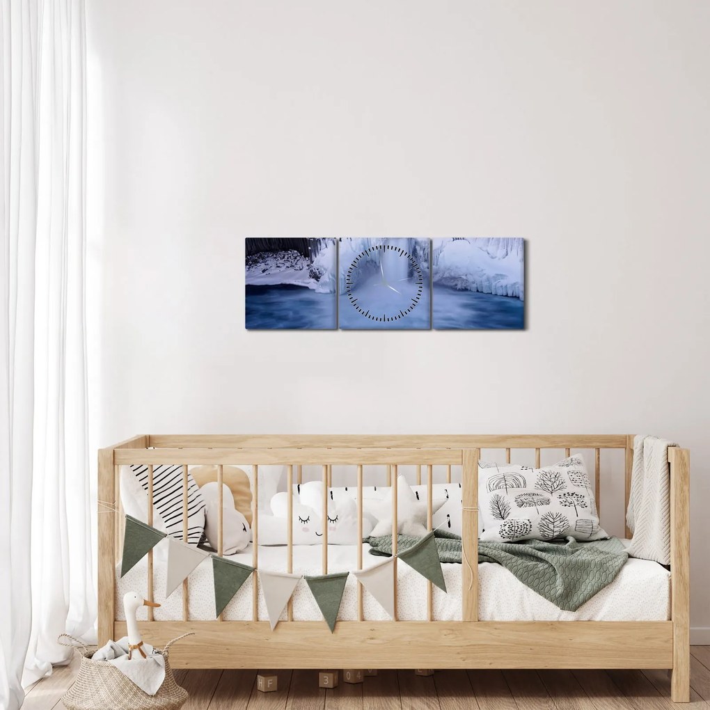 Obraz vodopádu v zime (s hodinami) (90x30 cm)