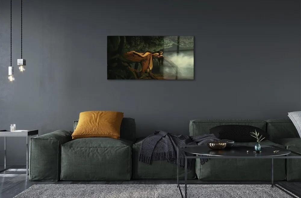 Sklenený obraz Žena strom mraky 140x70 cm