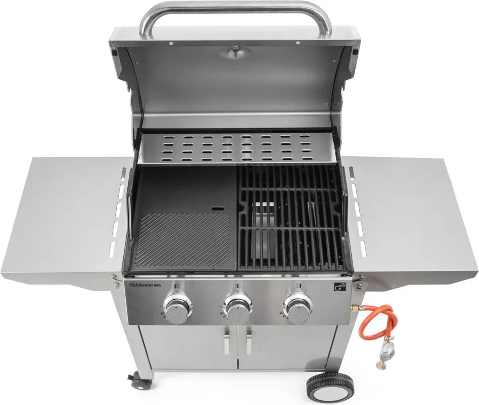 Plynový gril OKLAHOMA BBQ, 3 horáky, s redukčným ventilom, strieborná Penta CZ