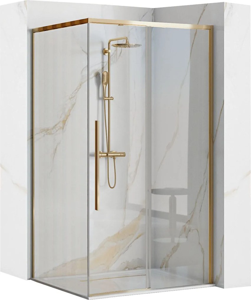Štvorcový sprchovací kút REA SOLAR 90x90 cm, zlatý/transparent + vanička Savoy čierna