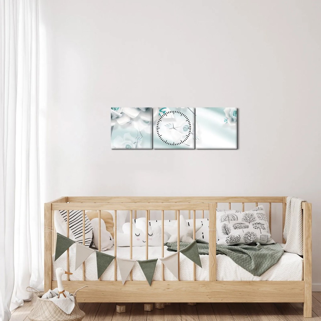 Obraz - Tyrkysové kvety ruží (s hodinami) (90x30 cm)