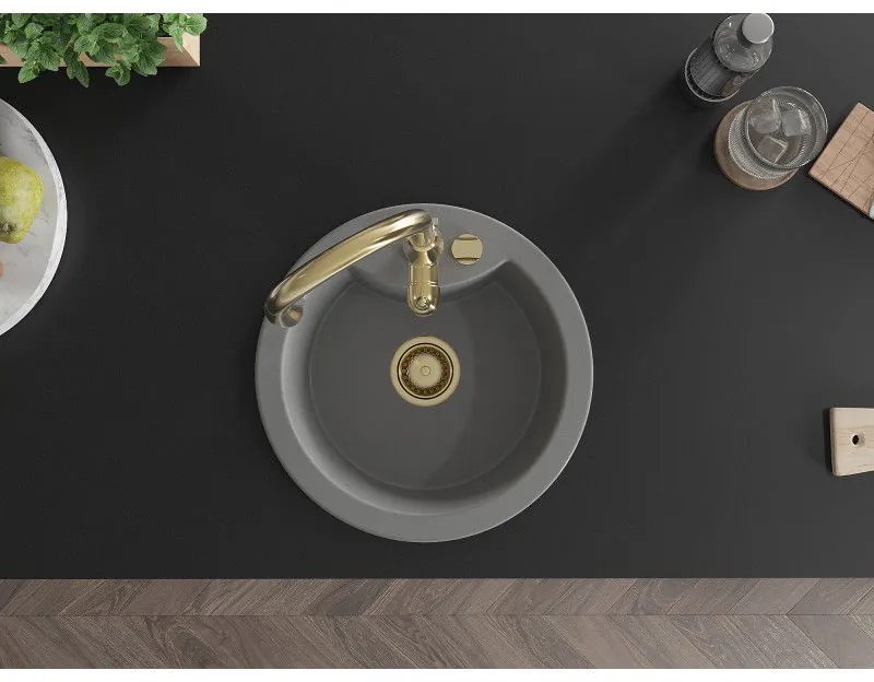 Mexen Diego, 1-komorový granitový drez 488x488x167 mm a drezová batéria Savita, šedá, 6512-71-672601-50