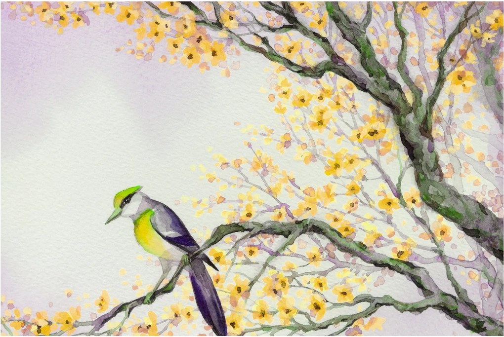 Obraz - Akvarelový vtáčik na strome (90x60 cm)