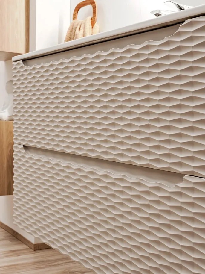 Závěsná skříňka Ocean s deskou a umyvadly 120 cm béžová/dub olejovaný