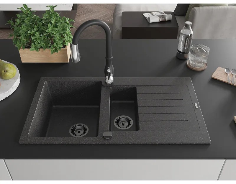 Mexen Matias, 1,5-komorový granitový drez 900x505x200 mm a drezová batéria Savita, čierna škvrtnitá, 6502-76-672601-70-B