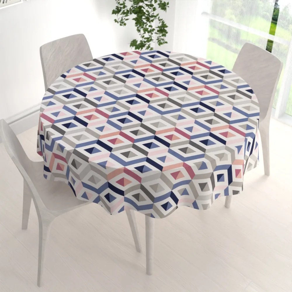 Biante Bavlnený okrúhly obrus Sandra SA-573 Modro-ružovo-sivé kosoštvorce Ø 70 cm