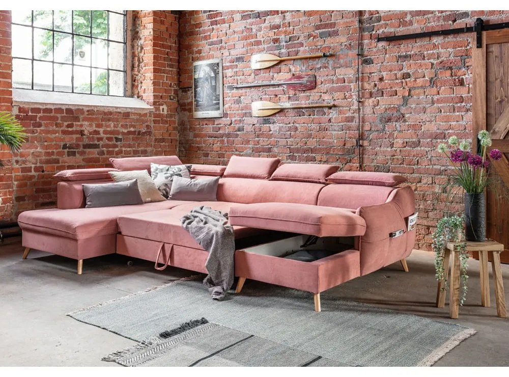 Svetloružová zamatová rozkladacia rohová pohovka do "U" (ľavý roh) Sweet Harmony – Miuform