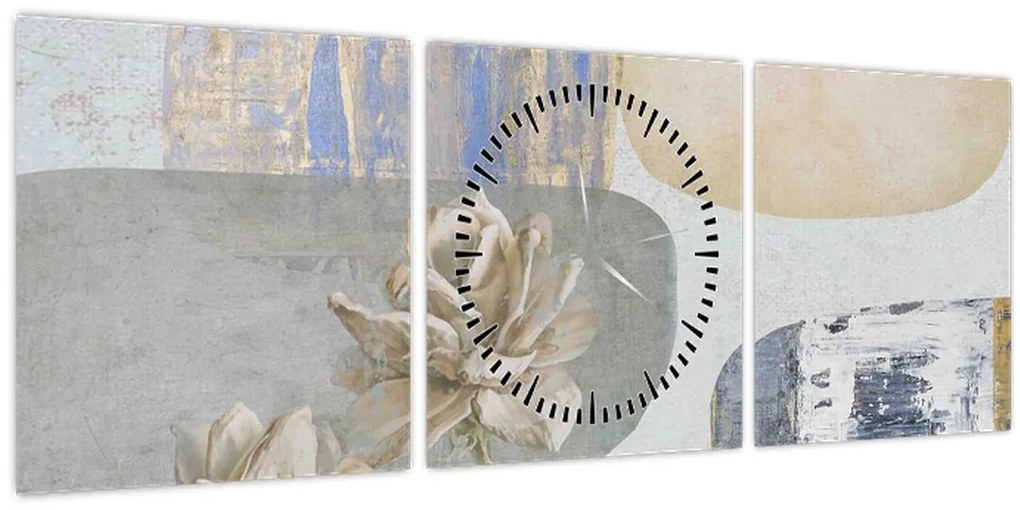 Obraz - Maľba s kvetmi a textúrami (s hodinami) (90x30 cm)