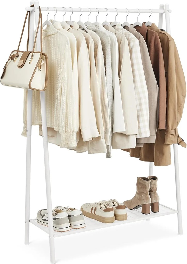 Stojan na oblečenie s oceľovým rámom, s policou, 33,5 x 92,5 x 153 cm, biely