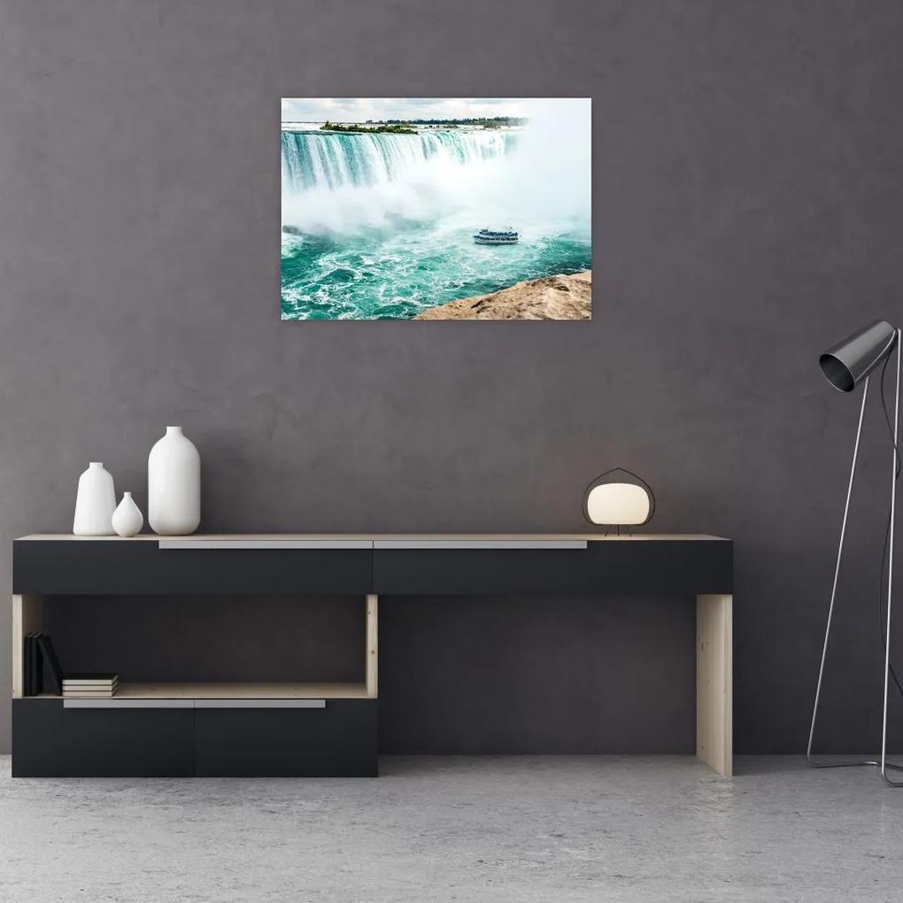 Sklenený obraz vodopádov s loďou (70x50 cm)