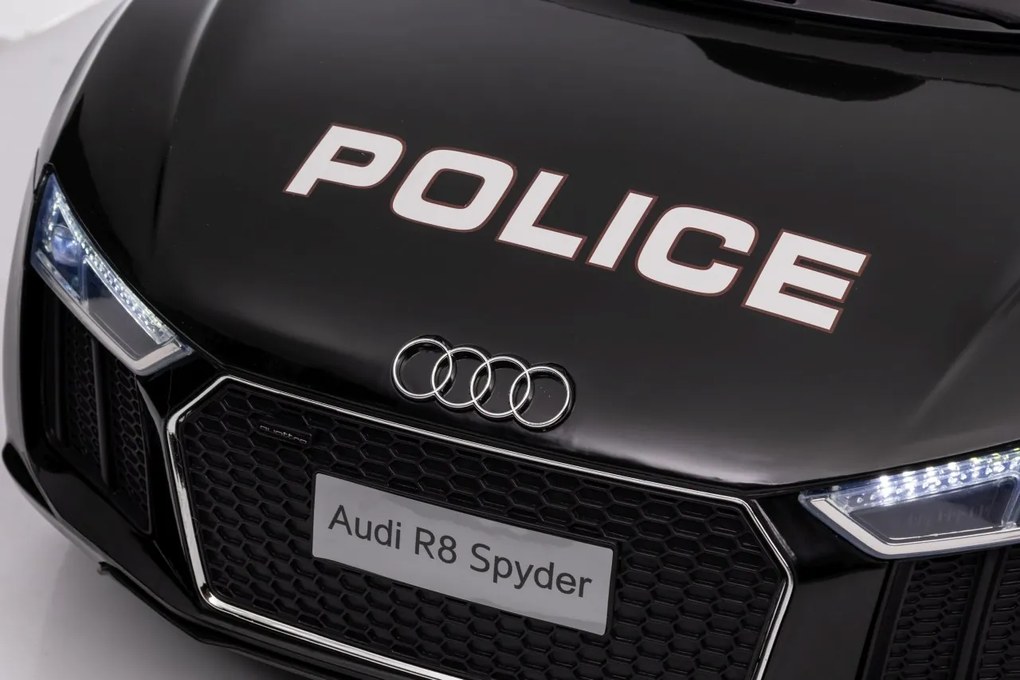Ramiz Audi R8 Polícia na batérie pre deti + diaľkové ovládanie + EVA + pomalý štart + MP3 LED
