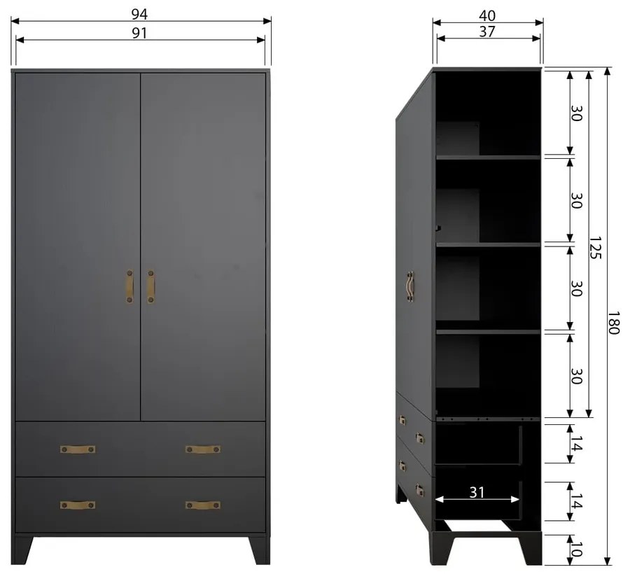 Čierna šatníková skriňa z borovicového dreva WOOOD Dian