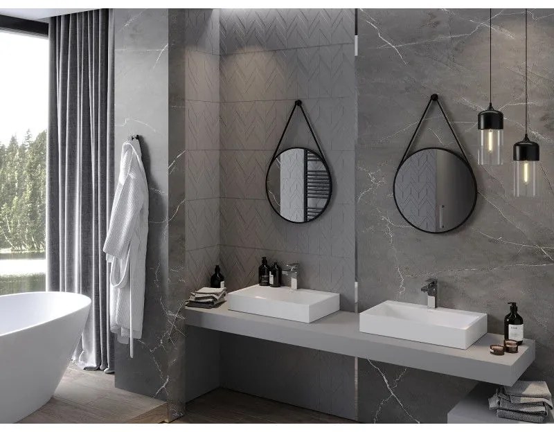 Mexen String, okrúhle kúpeľňové zrkadlo na pásiku 50 cm, farba rámu čierna matná, 9854-050-050-000-70