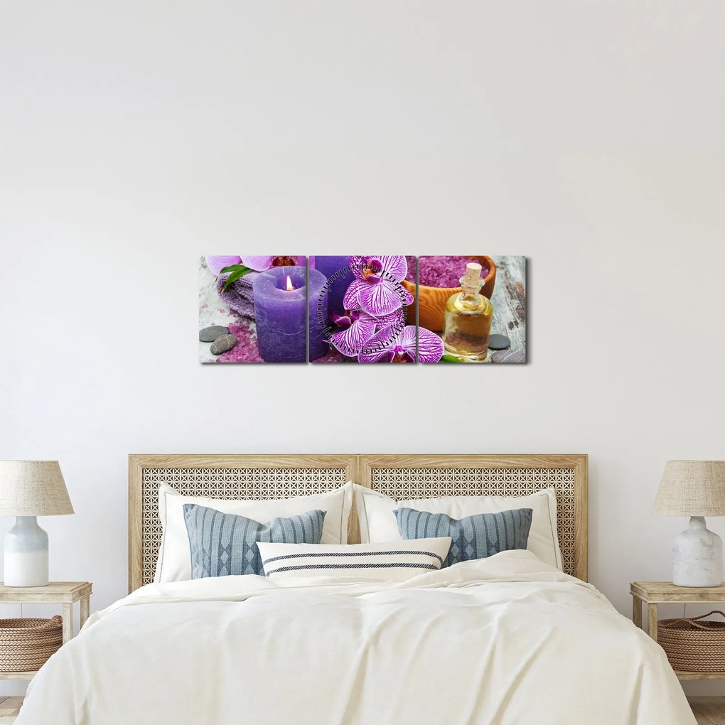 Obraz orchideí a sviečok (s hodinami) (90x30 cm)