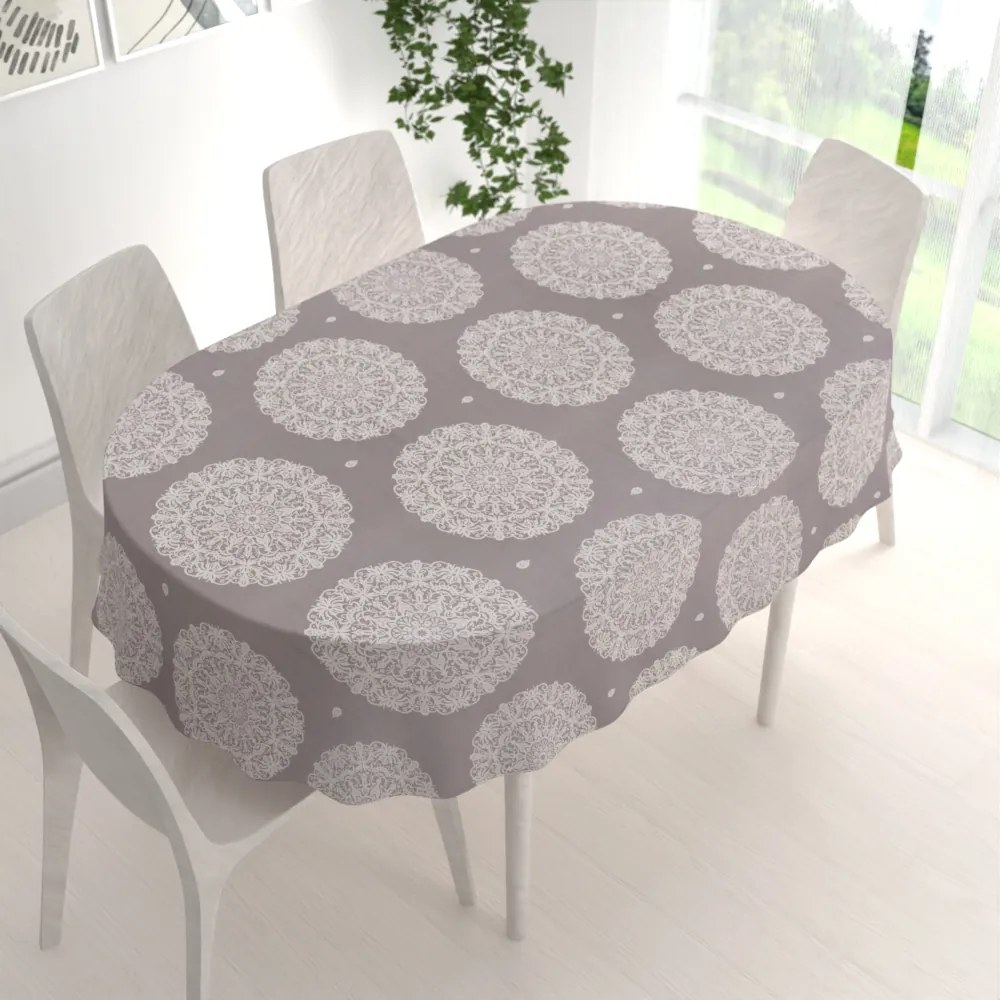 Biante Bavlnený oválny obrus Sandra SA-547 Krémové mandaly na béžovosivom 140x180 cm