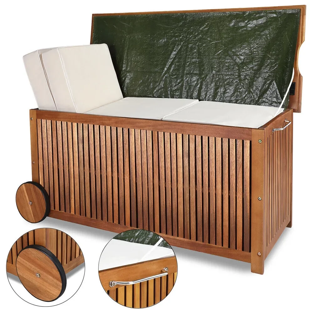 Drevený úložný box s kolieskami Acacia 117 cm vrátane vnútornej plachty