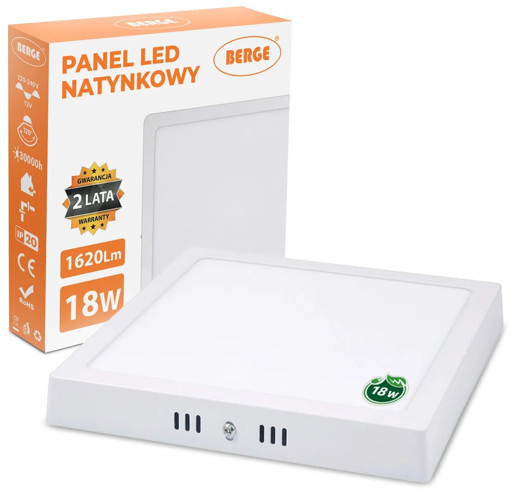 BERGE LED panel štvorcový 225x225x35mm prisadený - 18W - 230V - 1620Lm - neutrálny