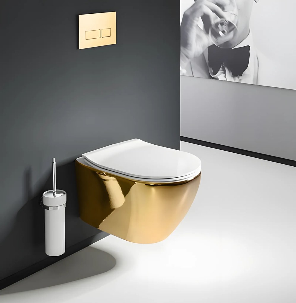 Rea Carlo Mini Tornado, závesná WC misa 490x355x350mm + toaletné sedadlo, biela-zlatá, REA-C6006
