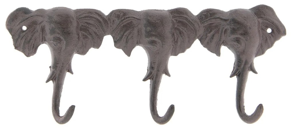 Hnedý nástenný liatinový vešiak s háčikmi Elephants - 29*3*12 cm