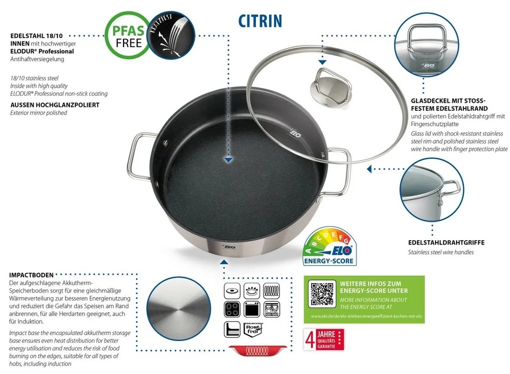 Elo 72438 Kastról z nehrdzavejúcej ocele sosklenenou pokrievkou Citrin 28 cm