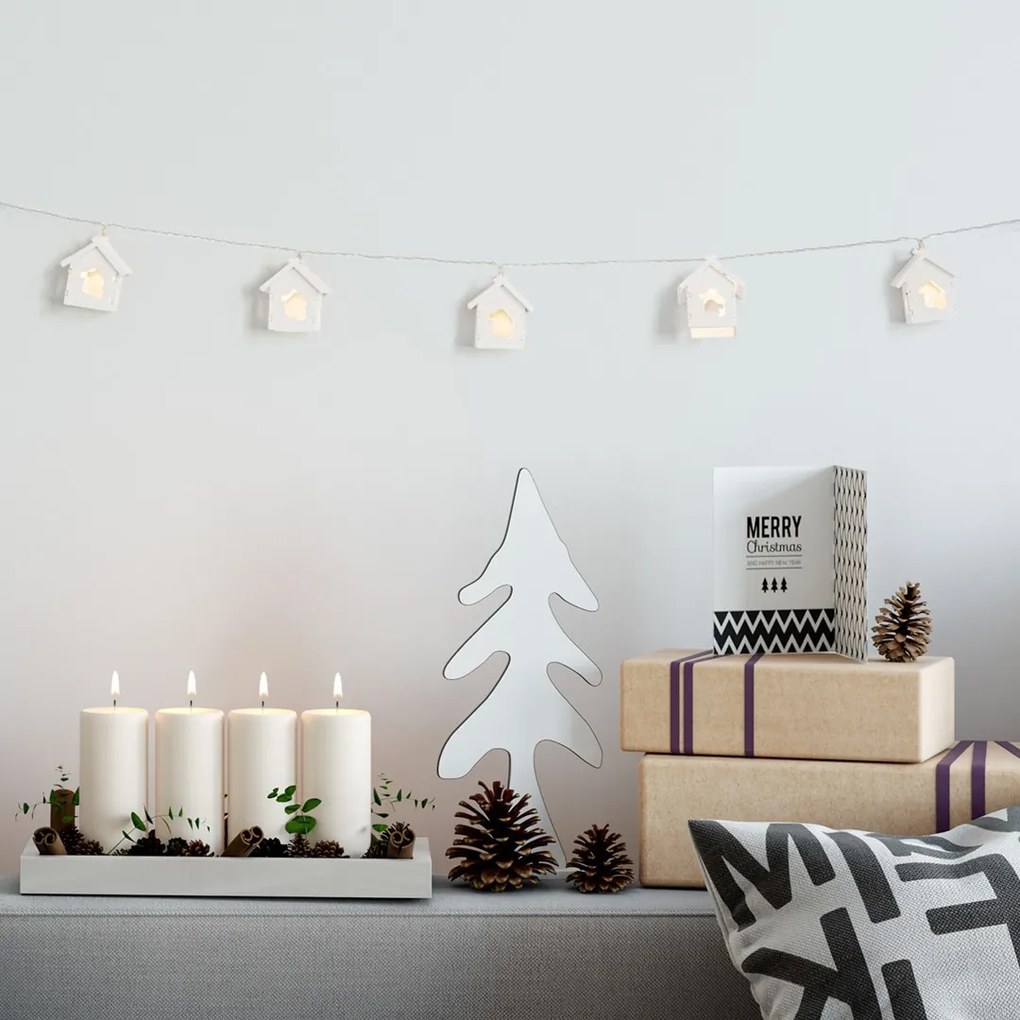 Vianočná svetelná reťaz CRALA s dreveným domčekom biely