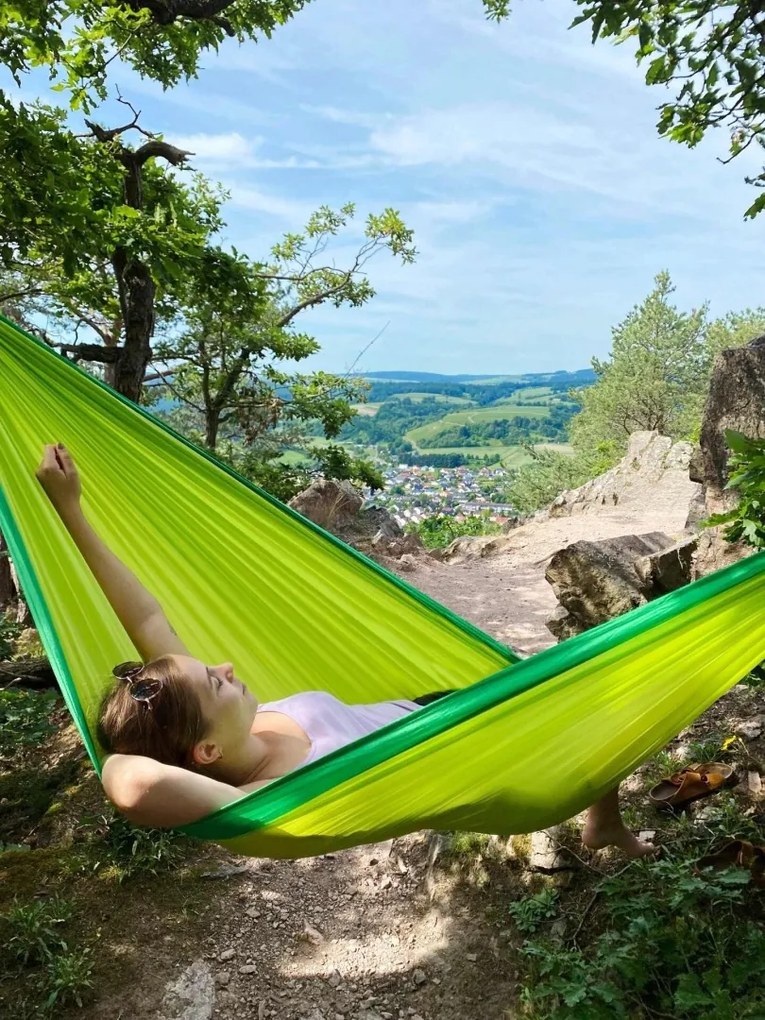 La Siesta Cestovná hojdacia sieť COLIBRI 3.0 DOUBLE - palm, 100% polyamid / laná: 100% polyester / hák: letecký hliník
