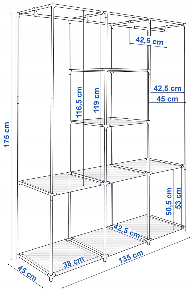 Látková šatníková skriňa s 8 policami SONIA antracitová