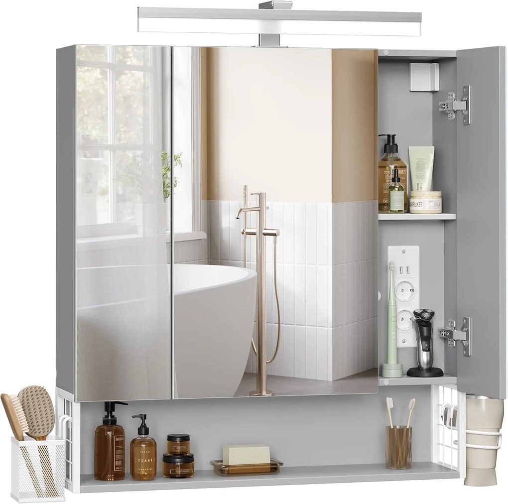 Koupelnová zrcadlová skříňka s LED osvětlením Vasagle Doris šedá