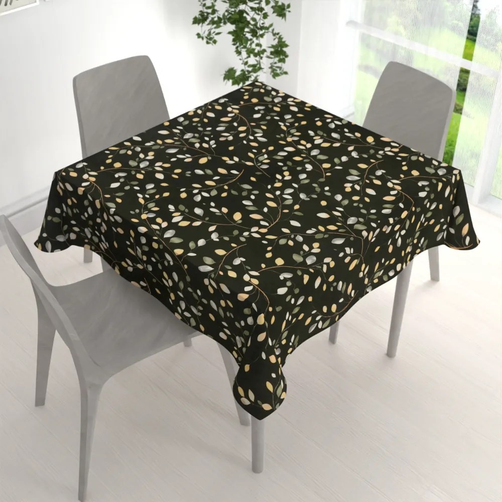 Biante Bavlnený štvorcový obrus Sandra SA-722 Vetvičky s lístkami na tmavo zelenom 130x130 cm