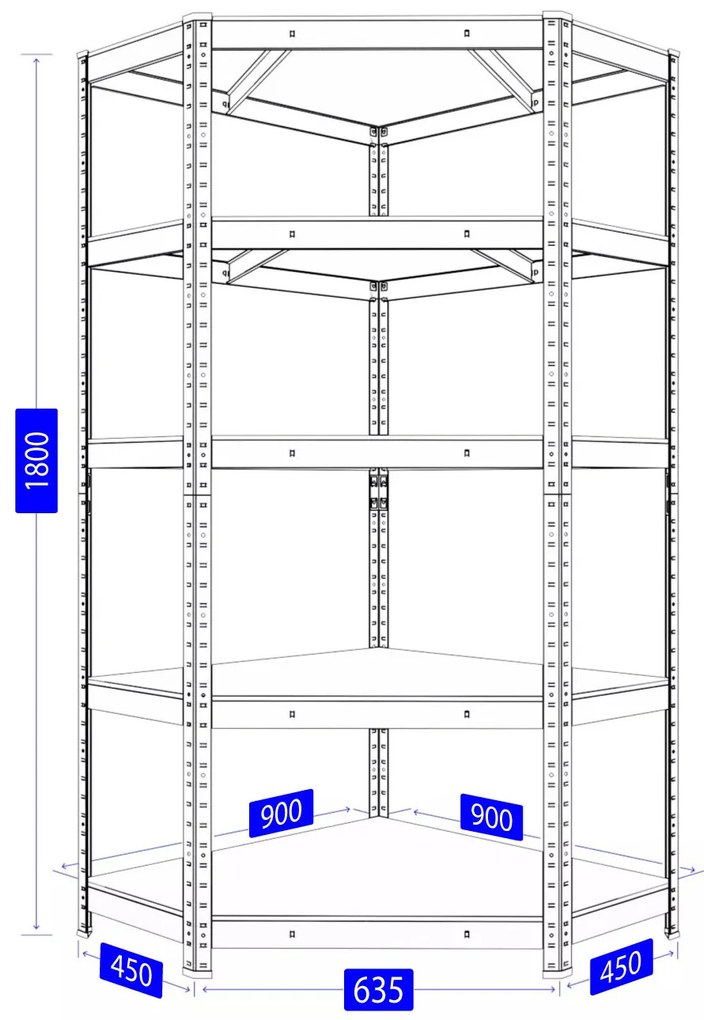 Fistar Rohový regál 1800x900x450x635 mm kovový zinkovaný 5-policový, nosnosť 750 kg