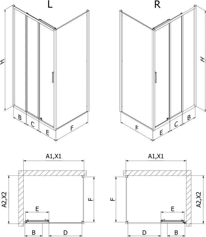 Mexen Exo, posuvná sprchová kabína, dvere 95 cm + bočná stena 80 cm, transparentné sklo, chróm, 8153-095-080-01-00